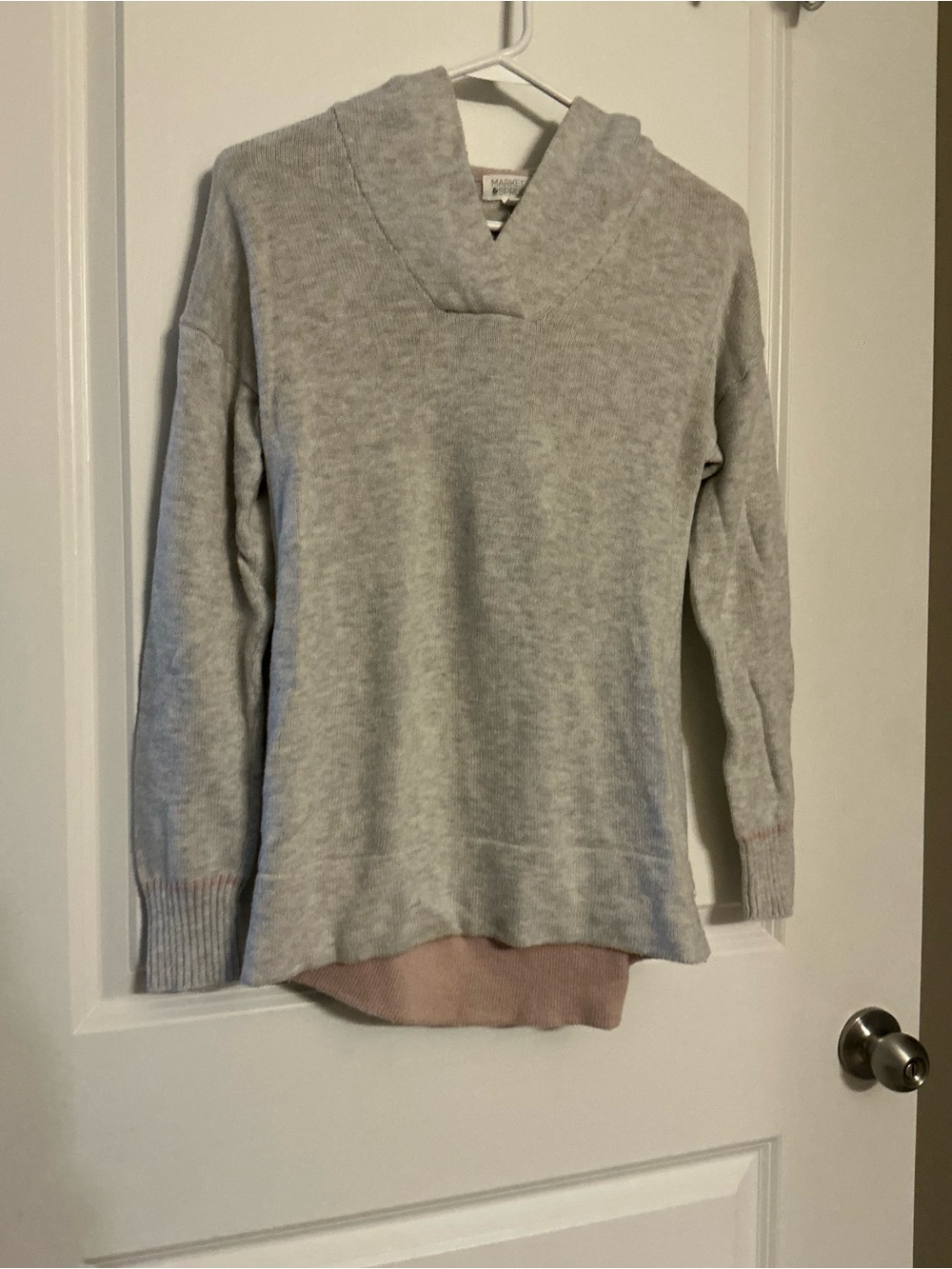 Market & Spruce Womens V-Neck Hooded Sweater Light Gray Pink Trim Size Small